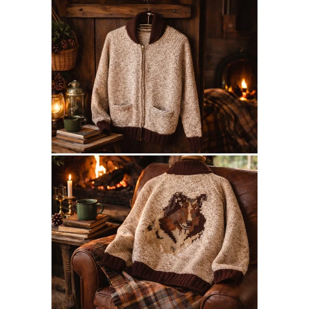 Vintage Grandpa Sweater‎ Zip Knit Cardigan Lassie Collie Dog Lodge Cozy READ